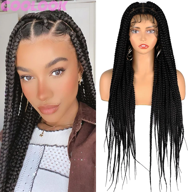 

Synthetic 36 Inch Full Lace Large Box Braided Wigs Heat Resistant Handmade Knotless Braid Lace Front Wigs Silky Black Braids Wig