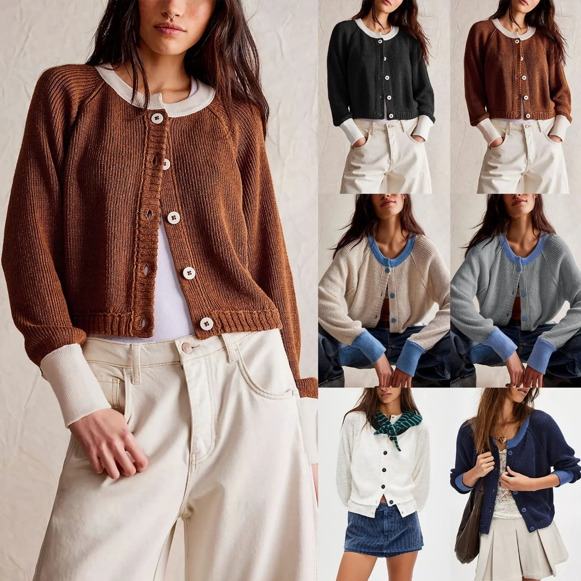 

2025 autumn and winter new top hot selling women's contrasting color round neck cardigan single row button knit sweater jacket