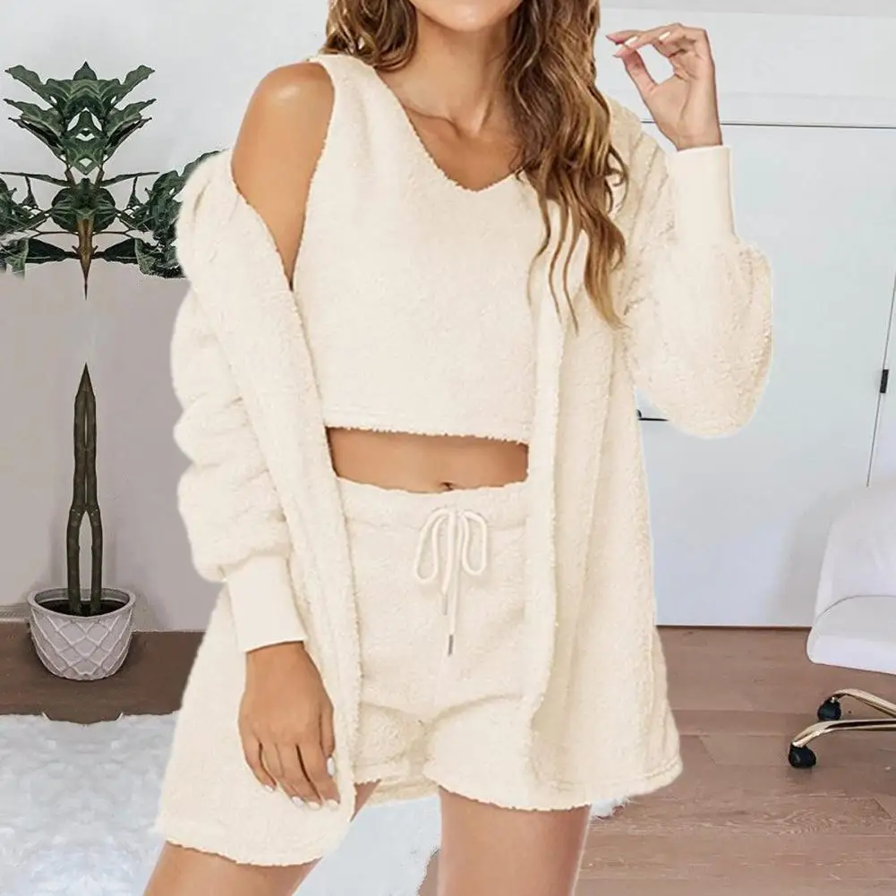 Winter 3 Piece Fluffy Outfits Plush Sexy Backless Fleece Pyjamas Women Casual Sports Sweatshirt Home Wear Sets Tracksuit Autumn