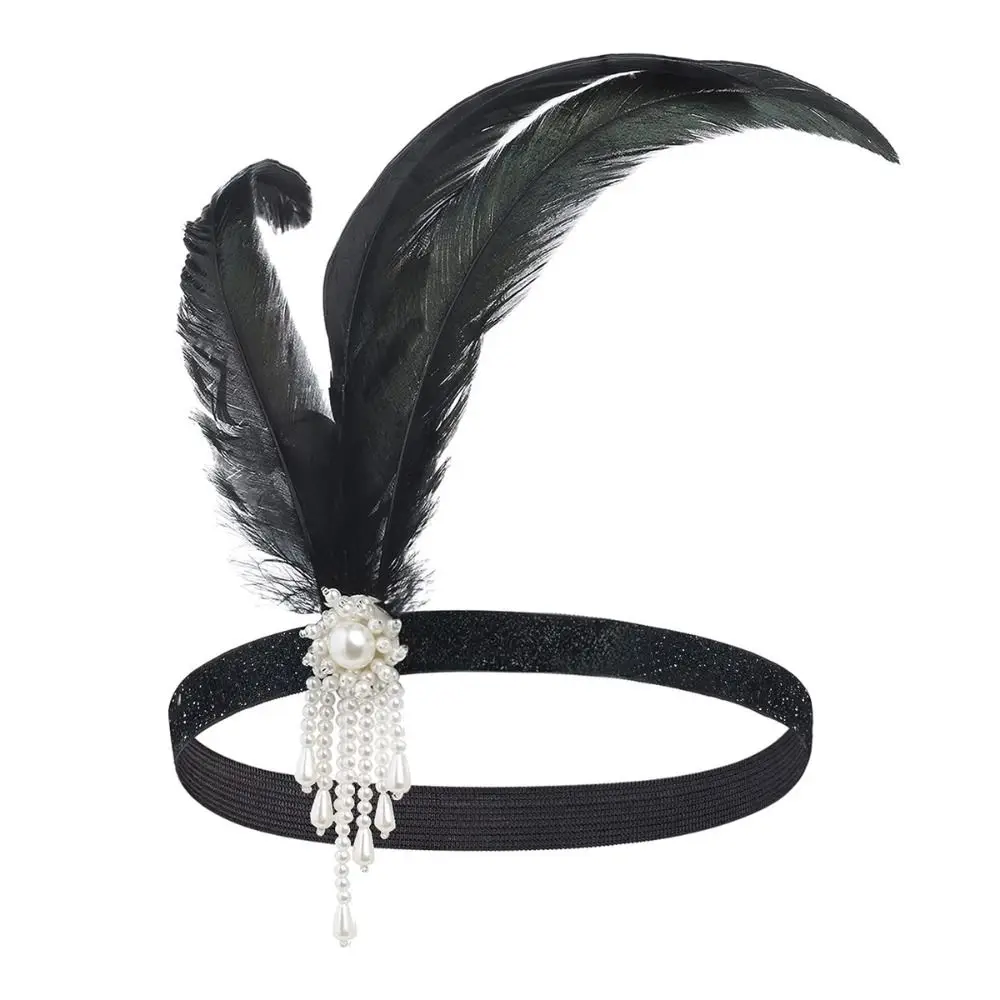 Diadema de plumas de diamante para mujer, accesorios para el cabello, banda para el cabello de fiesta de maquillaje, borla negra, vestido de Cosplay