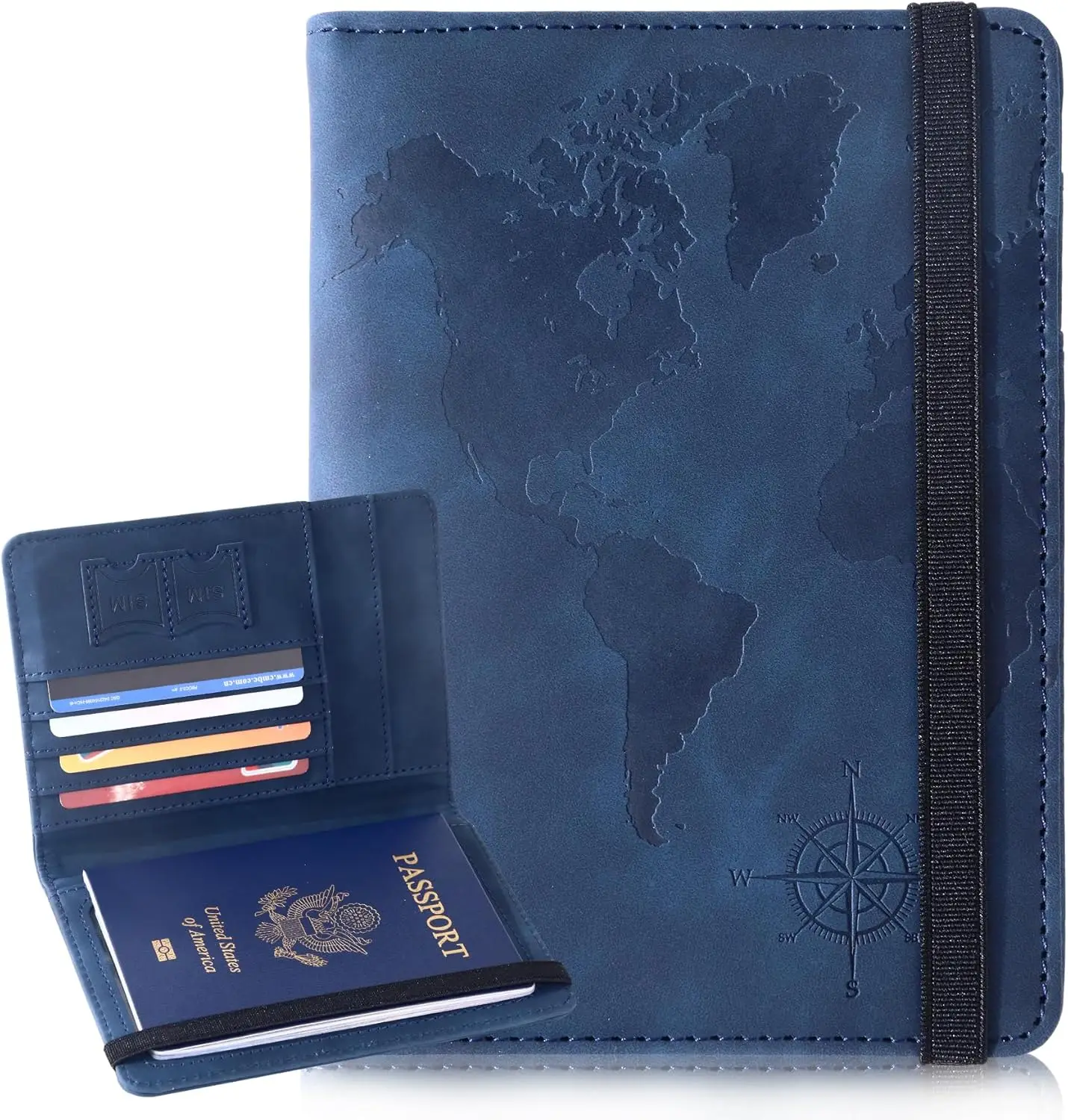 RFID Blocking Leather Passport Holder with Card Slots, Personalized Travel Wallet for Men and Women in Map Blue
