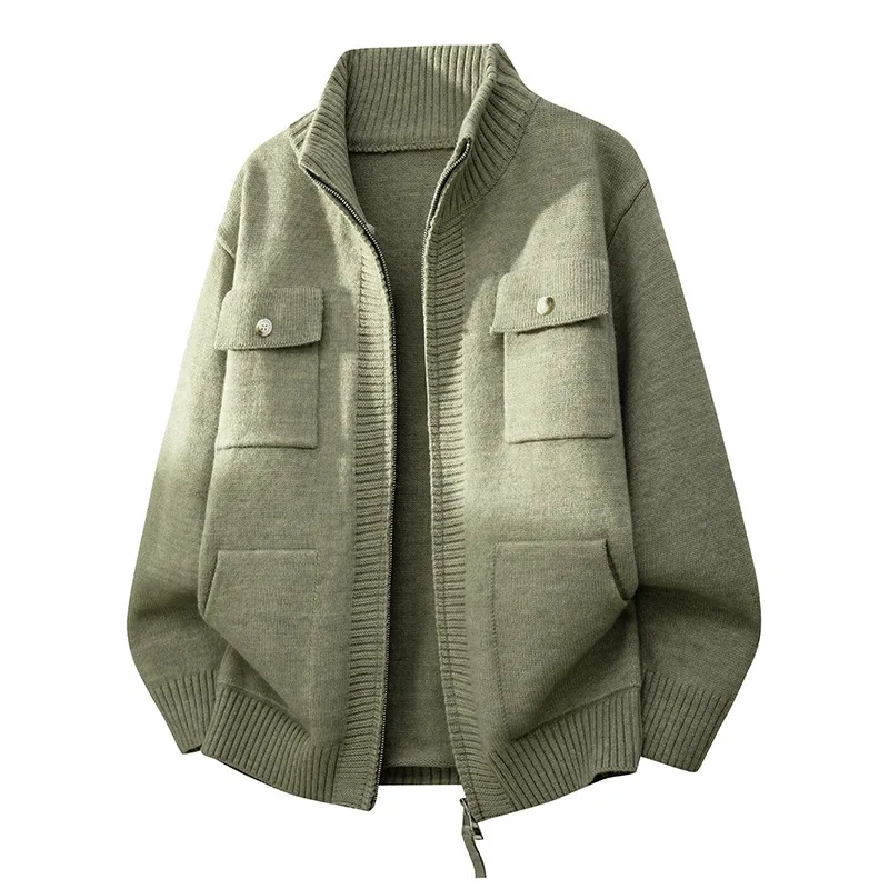

Sweater Men's Autumn and Winter Korean Style Solid Color Turtleneck Zipper Pocket Long-sleeved Cardigan Sweater Top