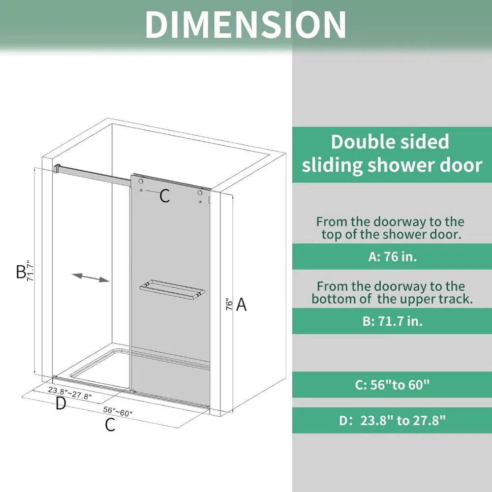 Двойная раздвижная душевая дверь 56-60 дюймов Ш x 76 дюймов, закаленное стекло 5/16 дюйма (8 мм), безрамная душевая дверь, стеклянная душевая дверь для ванной комнаты