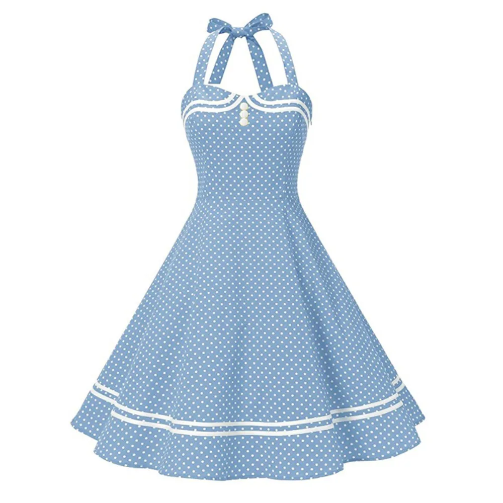 

1950s Hepburn Style Navy Retro Backless Polka Dot Lace Up Sleeveless Hanging Neck Off Shoulder Big Swing Women's Long Dress