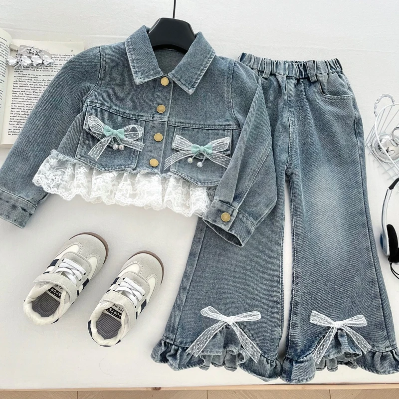 Autumn New Korean Version Girls' Denim Top+lace Pants Cute Denim Two-piece Set Girls' Denim Suit
