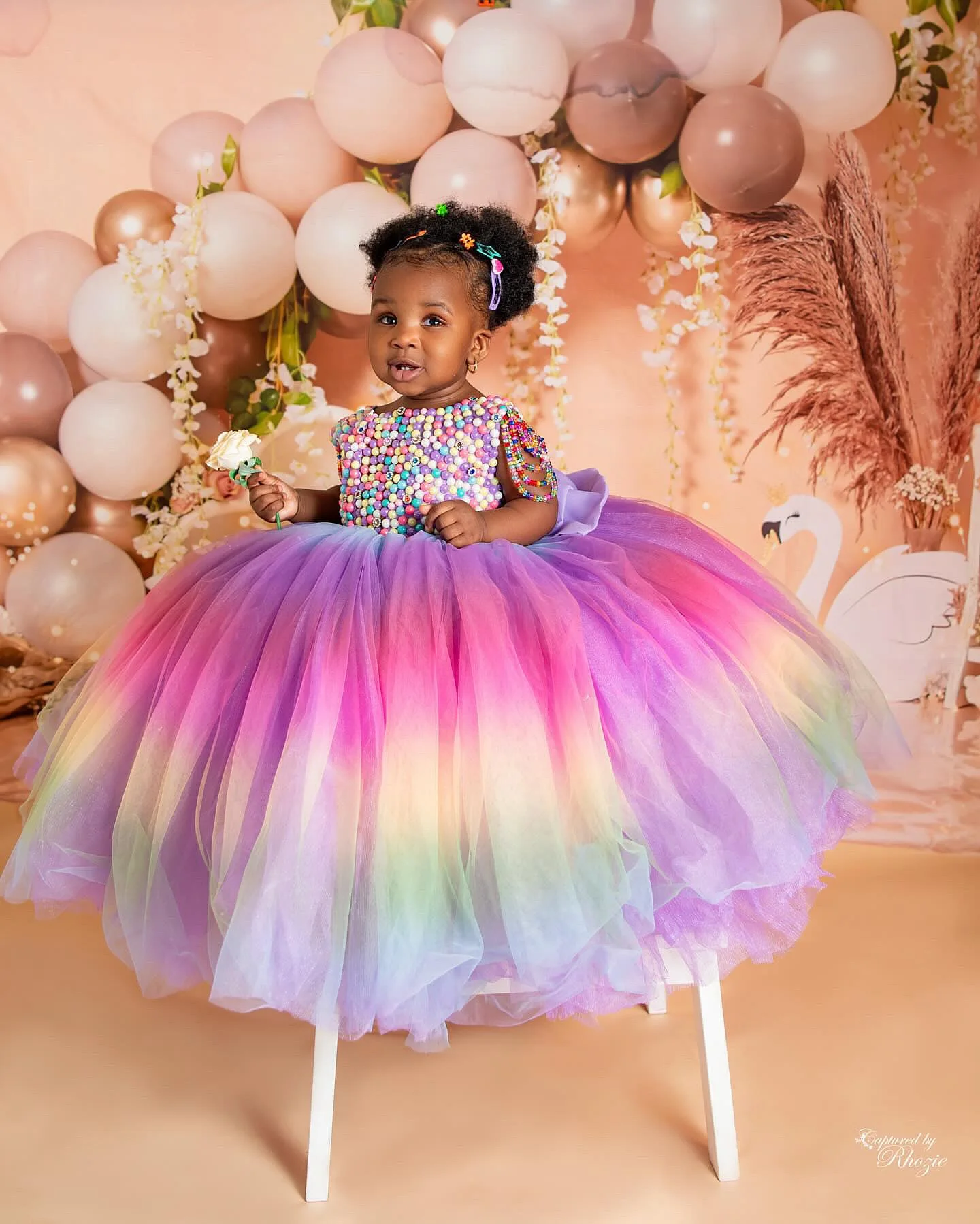 Colorful Beaded Flower Girl Dress Rainbow Tulle Skirt Ball Gowns African Child Birthday Party Dress