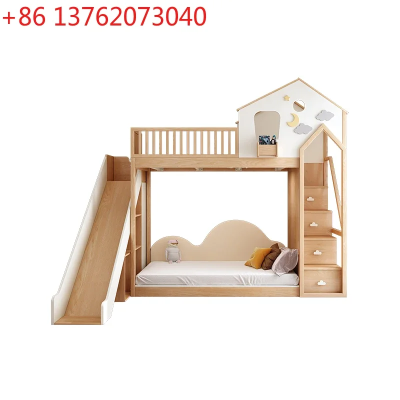 Children's solid wood treehouse bed log wind elevated bed High and low with slides Bunk beds can be customized