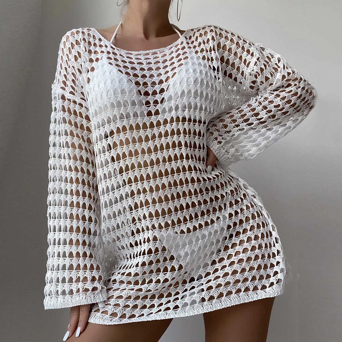 Solid Color Hollow Out Bikini Cover-ups Women Summer O Neck Long Sleeve Knitted Pullover Top Beach Holiday Fashion Sexy Cover-up