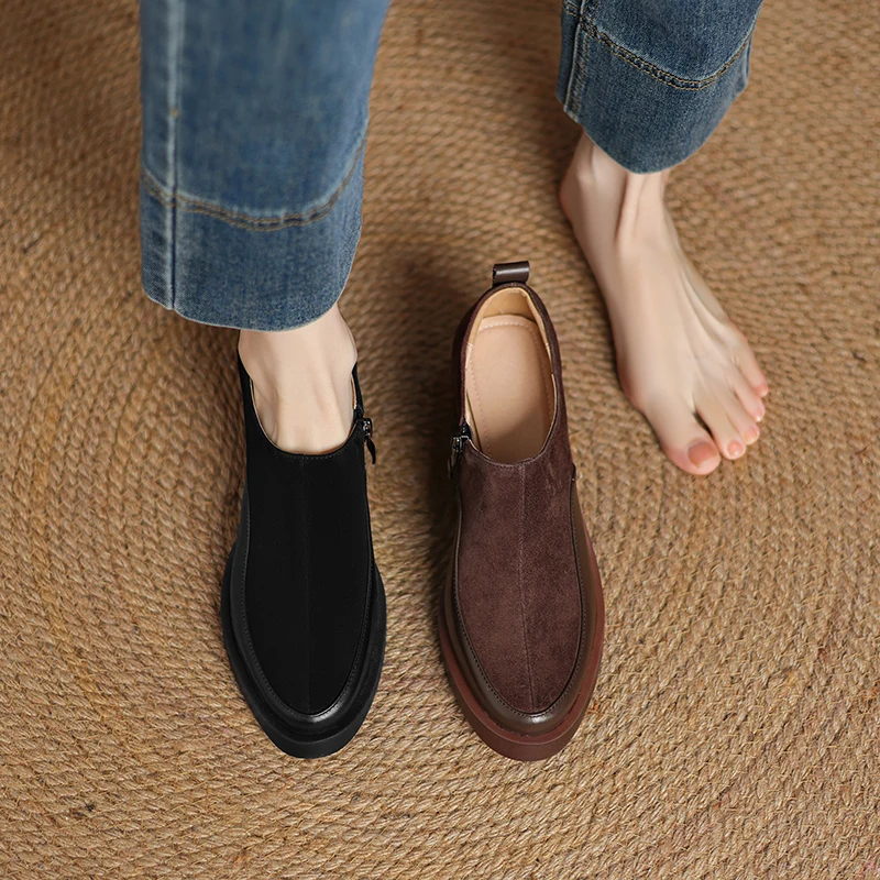 2026 new spring autumn women pumps natural leather 22-26.5cm cowhide+kid suede mixed color side zip thick heel women shoes
