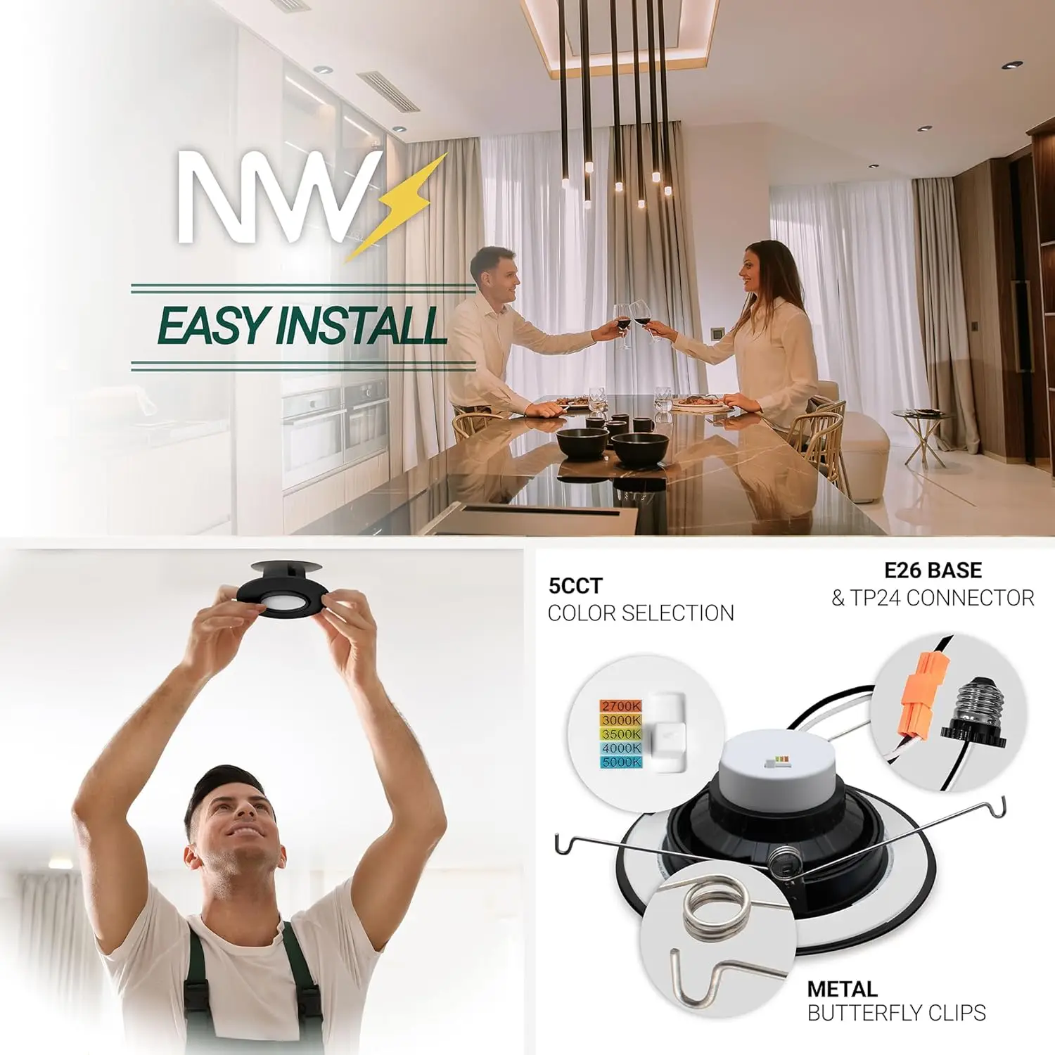 Nuwatt 6-calowy 6-pak czarnych wykończeni do modernizacji gimbala Led wpuszczany typu Downlight, wysoki poziom lumenów, 1200 lm, 16 W, możliwość wyboru 5 cct