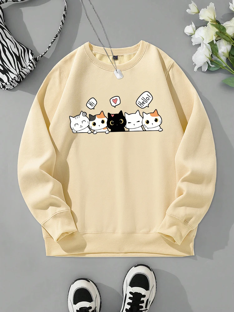 Cat Says Hello Funny Print Sweatshirt Women Harajuku Casual Comfortable Tracksuit Fashion Street Tops Autumn Warm Basic Pullover