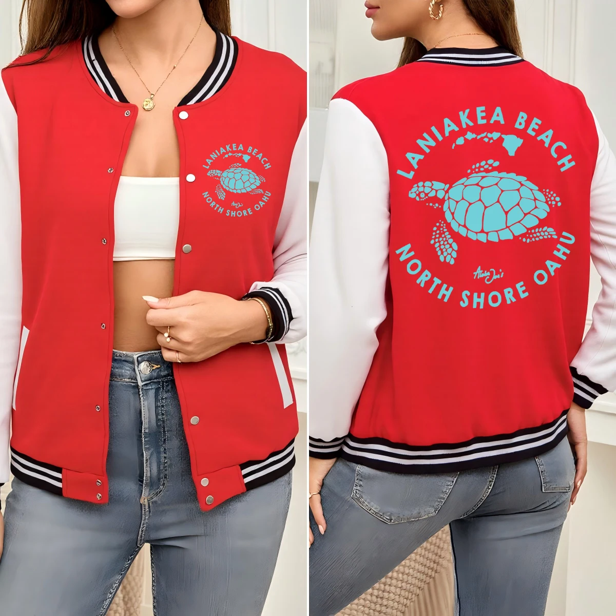 

Laniakea Beach North Shore Oahu Turtle Print Womens Baseball Uniform Hip Hop Jacket Loose Street Clothes Cotton Autumn Jackets