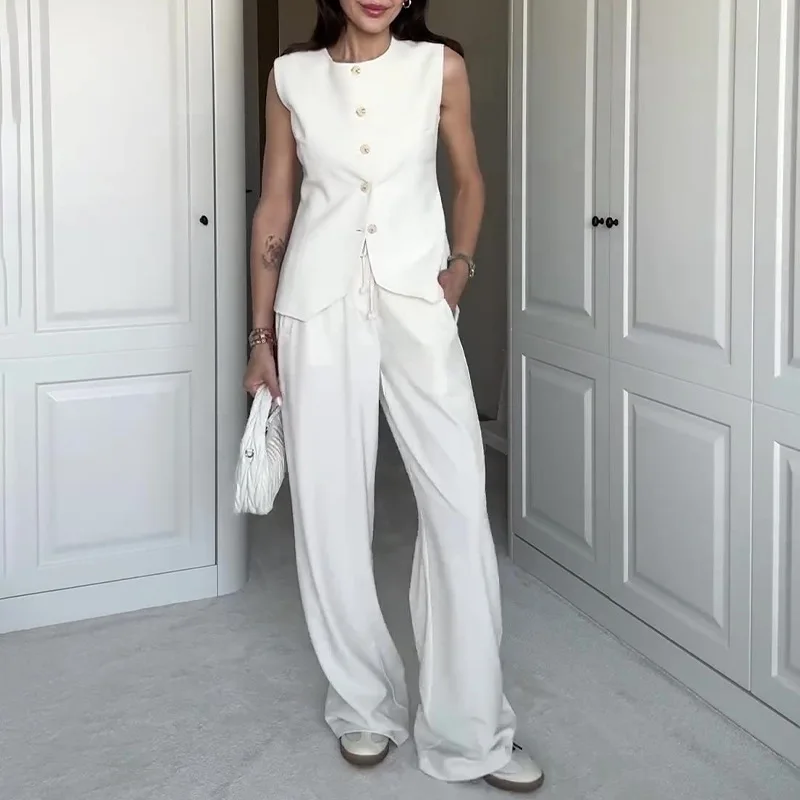 

Лето 2025 года, жилет без рукавов с круглым вырезом, прямые брюки с высокой талией, темпераментный пригородный костюм Z118