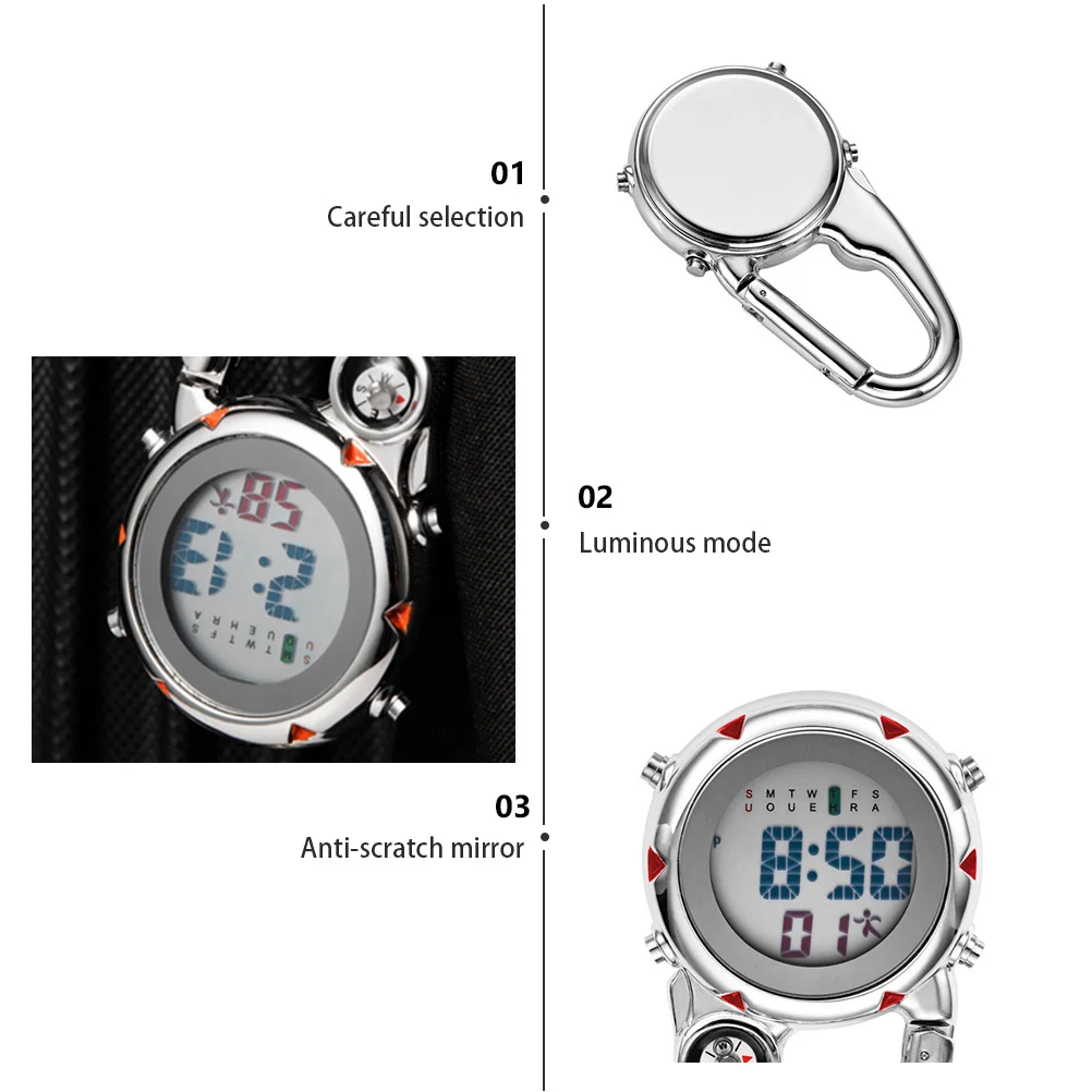 

1Pcs Carabiner Watch Clip on Quartz Waterproof Shockproof with Compass Glow in The Dark for Outdoor Climbing Backpacking Nurses