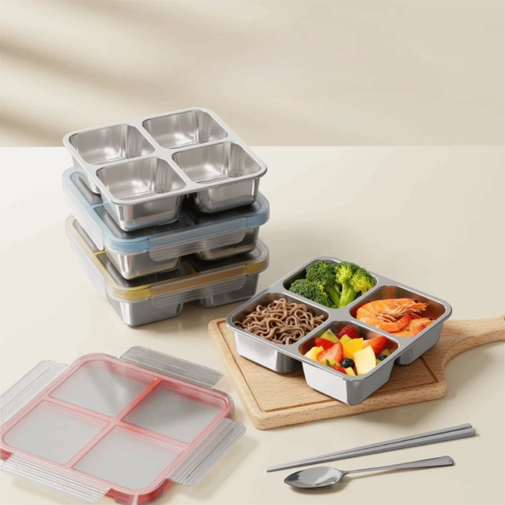 

Multifunctional Square 4 Grid Lunch Box Leak-Proof 304 Stainless Steel Snack Box Sealed Microwave-safe Ice Cube Tray