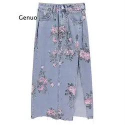 Faldas vaqueras largas con estampado de flores para mujer, ropa de calle Vintage, cintura alta, ajustada, Sexy, abertura, Falda recta, Jeans Saias, verano 2022