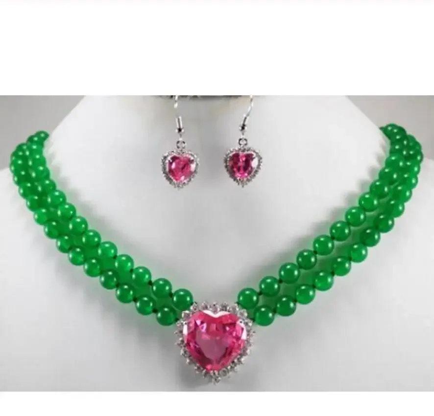 

2Row 8MM Green Jade necklace Butterfly Pendant Drop earring Jade Jewelry set