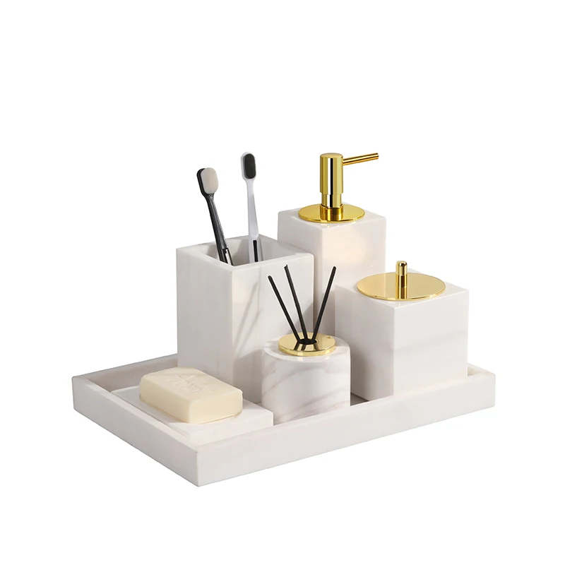 White Volakas Natural Marble Bathroom Accessories Set Stone Soap Dish Toothbrush Case Soap Dispenser Set for Bathroom