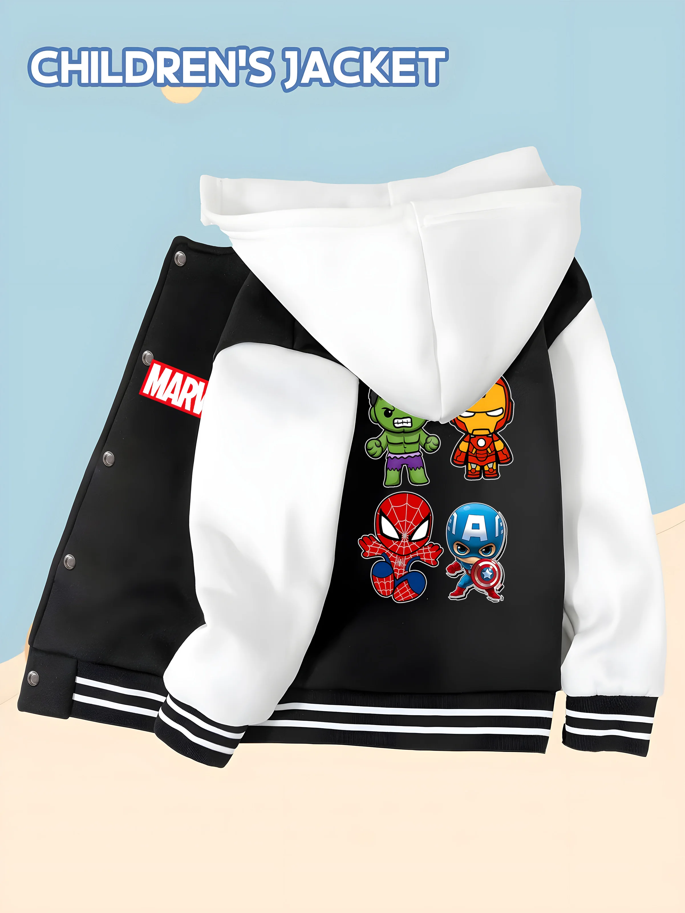 

MINISO Marvel Boys' Baseball Jacket - Avengers Hero Print, Double-sided Pattern, Comfortable Fabric, Black and White, Fashionabl