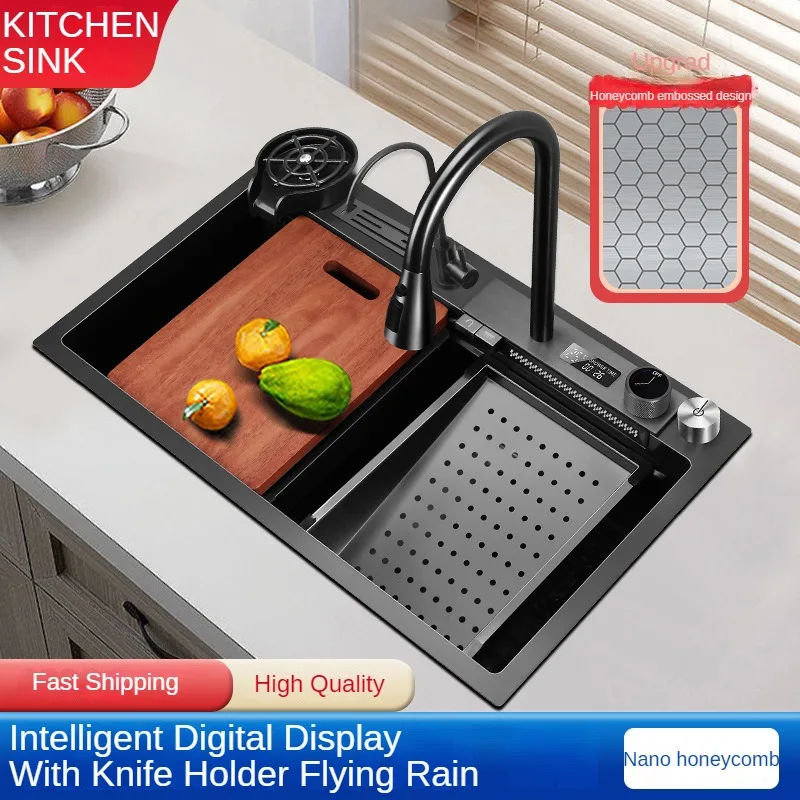 Nano Kitchen Sink Honeycomb Embossed Digital Display Flying Rain Large Single Slot Knife Holder Stainless Steel Washing Basin