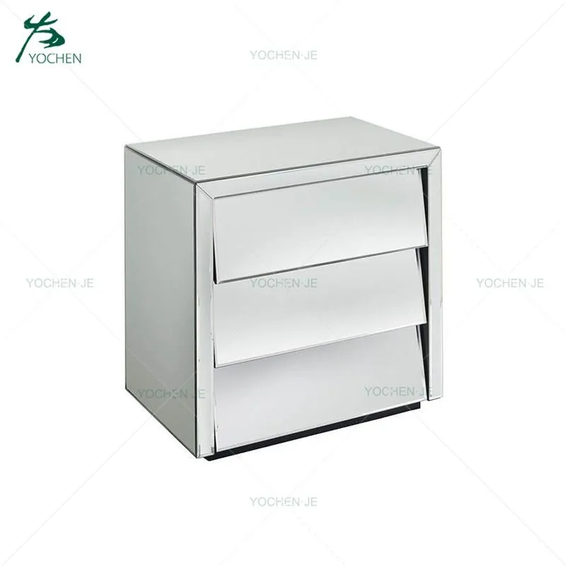 Contemporary Bedside Table with Venetian Mirrored Glass Solid Wood Living Room Furniture for Home or Hotel Use