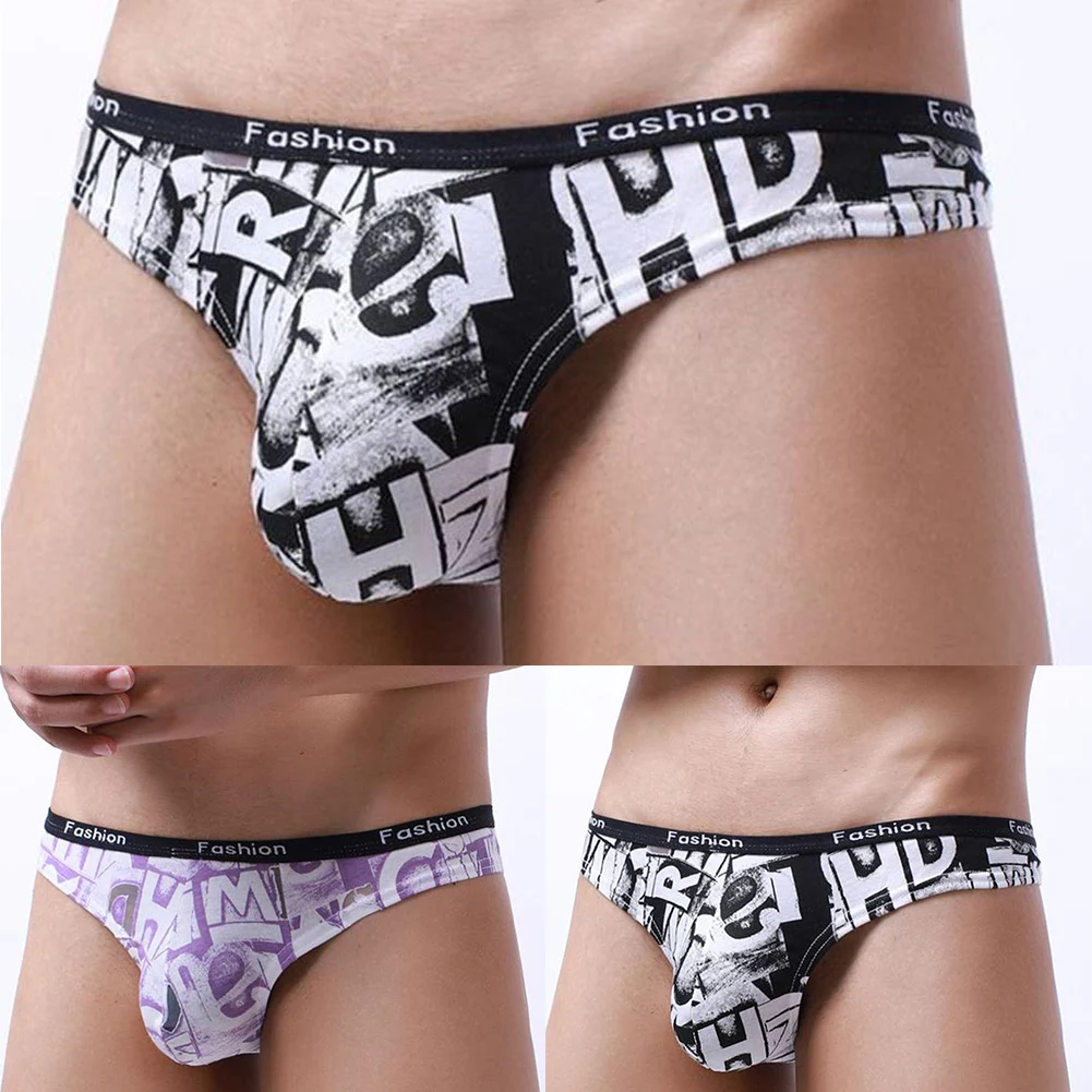 Men Sexy G-String Printed Bikini Briefs Low Rise T-back Thong Big Pouch U Convex Underwear Hight Cut Short Swim Underpants