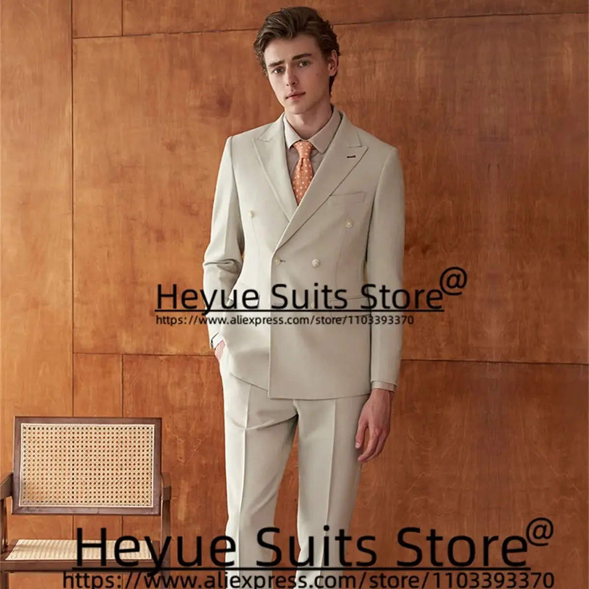 Handsome Cream-coloured Fashion Men Suits Slim Fit Peak Lapel Groom Tuxedos 2 Pcs Sets Double-breasted Male Blazer Costume Homme