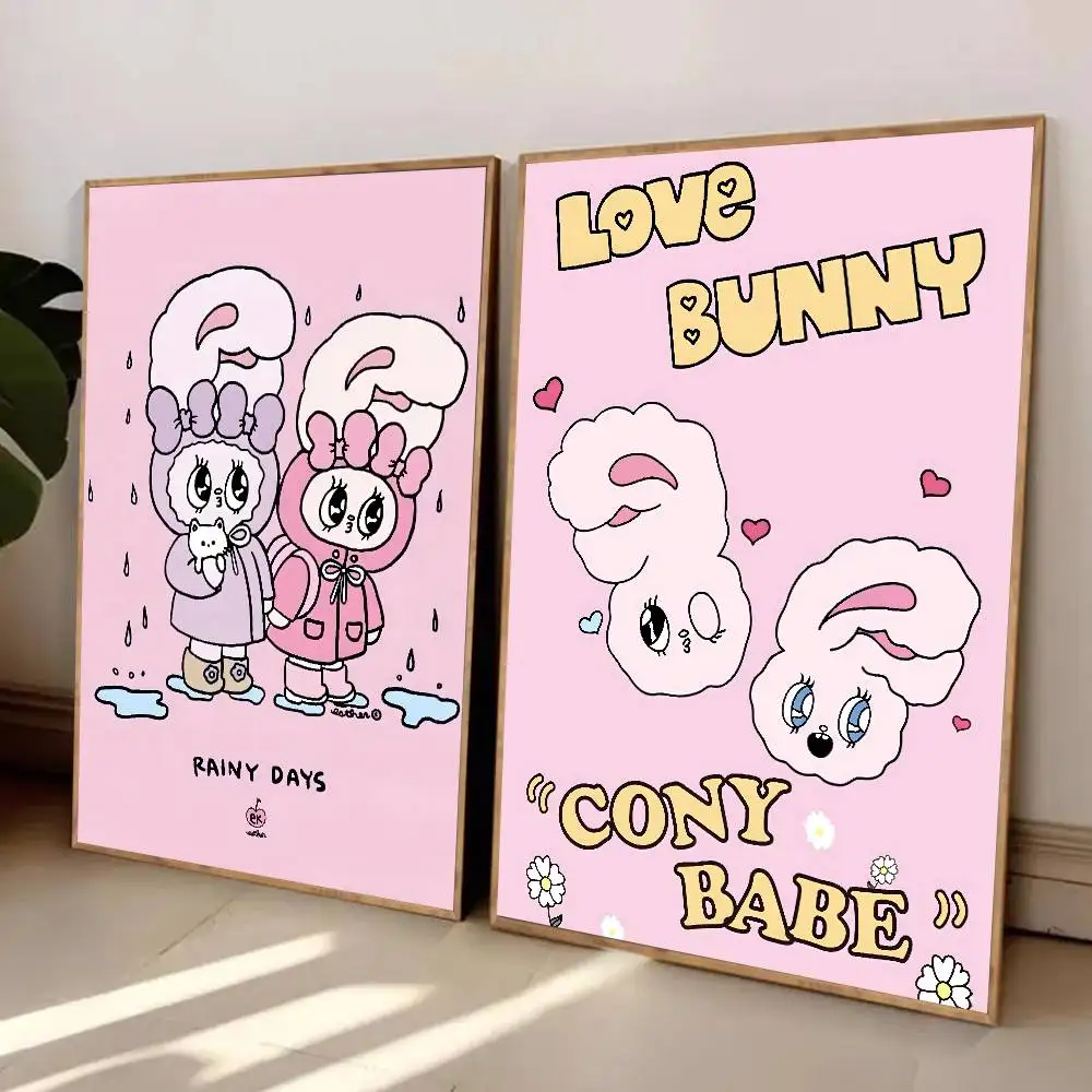 ملصق E-Esther B-Bunny وردي عالي الدقة جدار لاصق مقاوم للماء لغرفة المعيشة المنزلية وغرفة النوم والديكور الجمالي