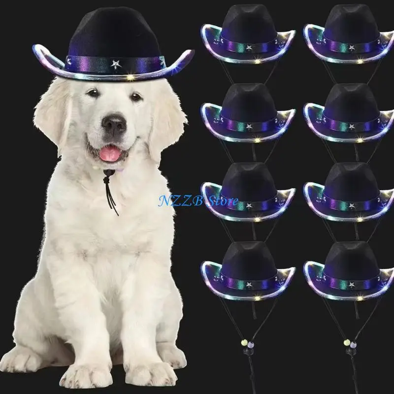 

T21F Adult Pet LED Light up Cowboy Hat Elegant Cowgirl Hat Pet Christmas Party Hat