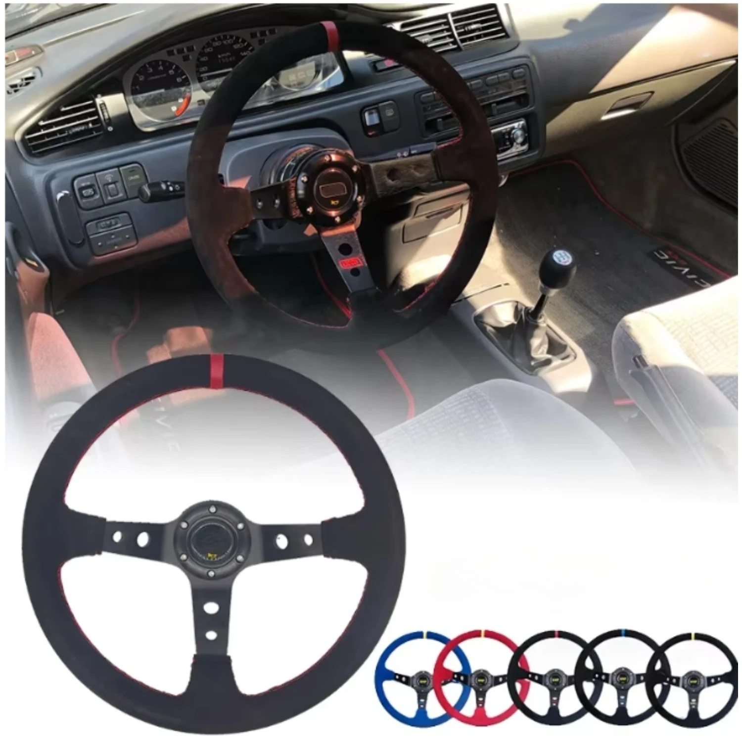 Universal 14-inch (350 mm) Suede/PVC Automotive Aluminum Racing Steering Wheel, Drift-Style Sports Steering Wheel