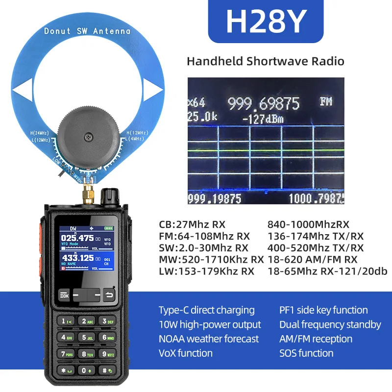 SHJ H28Y Pro Rádio de ondas curtas | Multi-Band CB/SSB/HF | Saída de 10 W | Bluetooth e escrita de PC | 960 canais com clipe e faixa de aviação | 136-174/400-52
