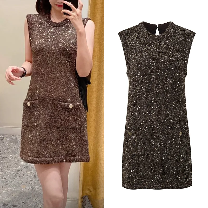 

Stylish knit tank top dress Sequined sleeveless elegant short dress