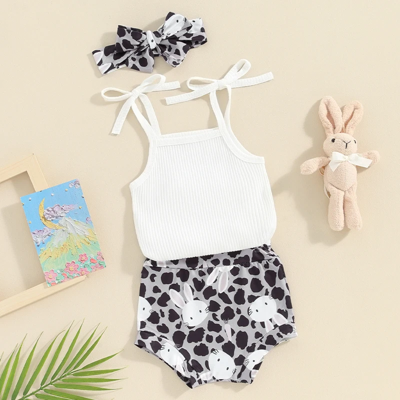 

Infant Baby Girls Summer Outfit Sleeveless Romper Bunny Shorts Cute Hairband Easter Outfit 2024