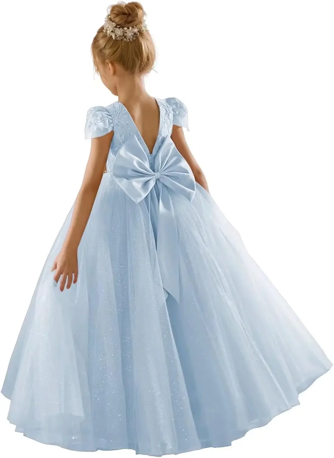 V-Neck Pageant Prom Ball Gown with Bow Princess Dress Flower Girls Lace Cap Sleeve Dress for Wedding Puffy Tulle Back
