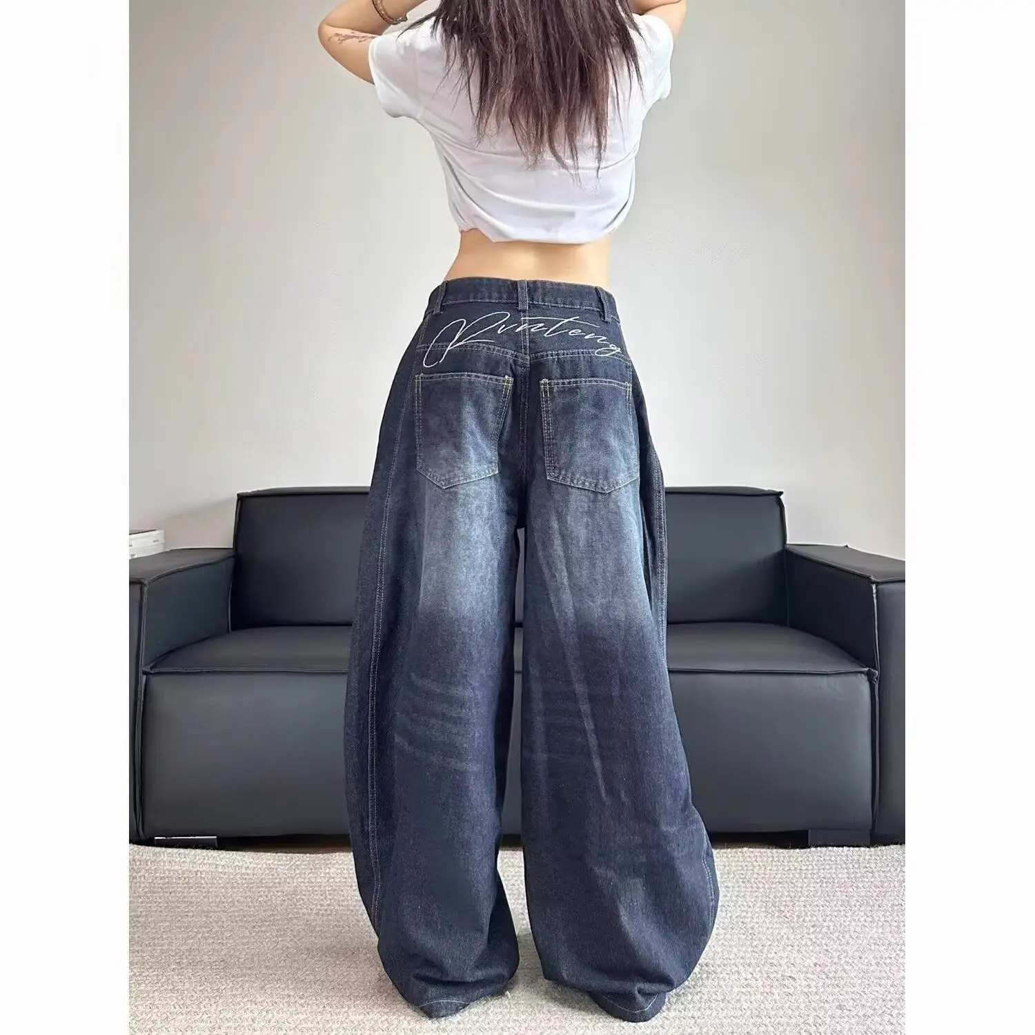 

Летние мужские утягивающие широкие джинсы большого размера с высокой талией, джинсовые брюки в американском стиле ретро с талией, прямые брюки-трубы