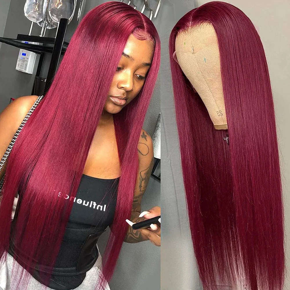 Glueless Burgundy Lace Front Human Hair Wigs 180% Red Colored 99j Straight 13x4 HD Tranparent Lace Frontal Wig 4x4 Closure Wigs