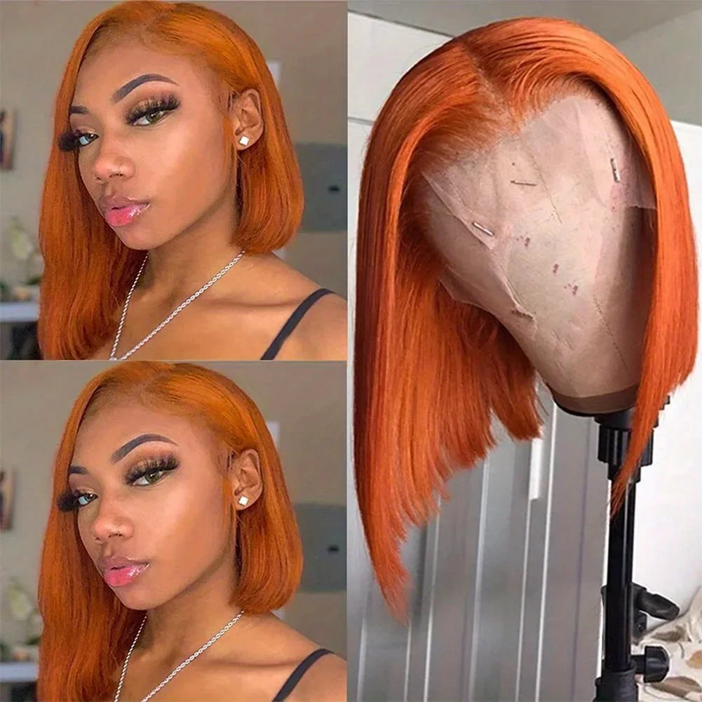 

180% Density Ginger Orange Short Straight Bob Wig Human Hair 13x4 Lace Front Human Hair Wig For Women 4x4 Lace Wig Pre Plucked
