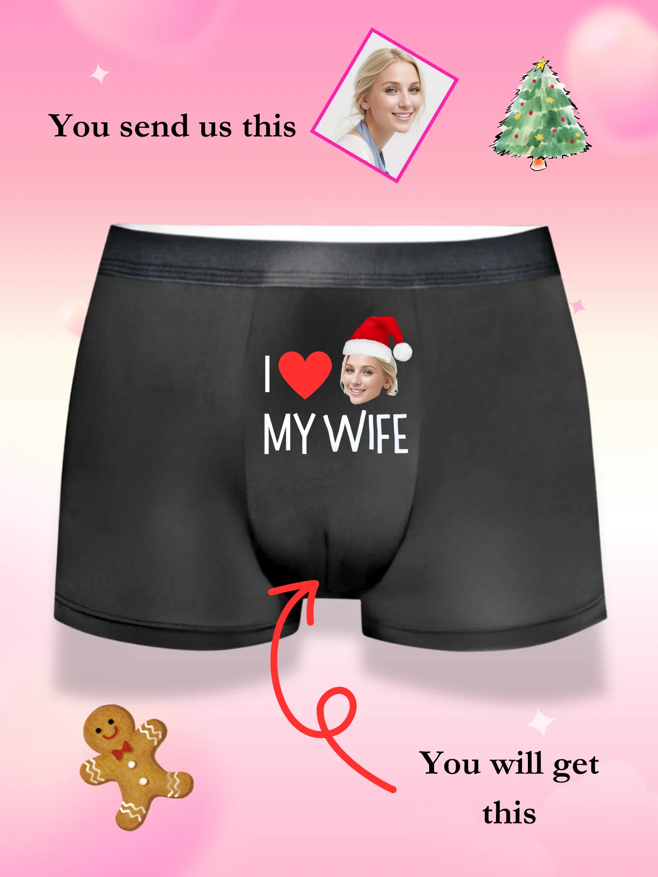 

Personalized Christmas Face Photo Boxer Briefs I LOVE MY WIFE Santa Print Custom Underwear Gift Husband Anniversary Valentine