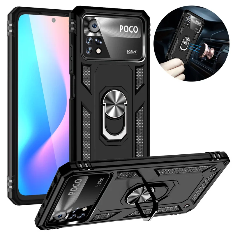 For Xiaomi Poco X4 Pro Case Magnet Metal Ring Armor Shockproof Coque For Poko Poxo Little X4 Pro X4Pro Pocox4pro 5G Bumper Case