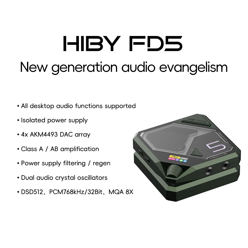 HiBy FD5 USB Bluetooth Wireless Headphone AMP Decoder MQA 8X unfolding 3.5/4.4 outport PCM 768kHz DSD512 DAC AKM4493*4 OPA1612*6