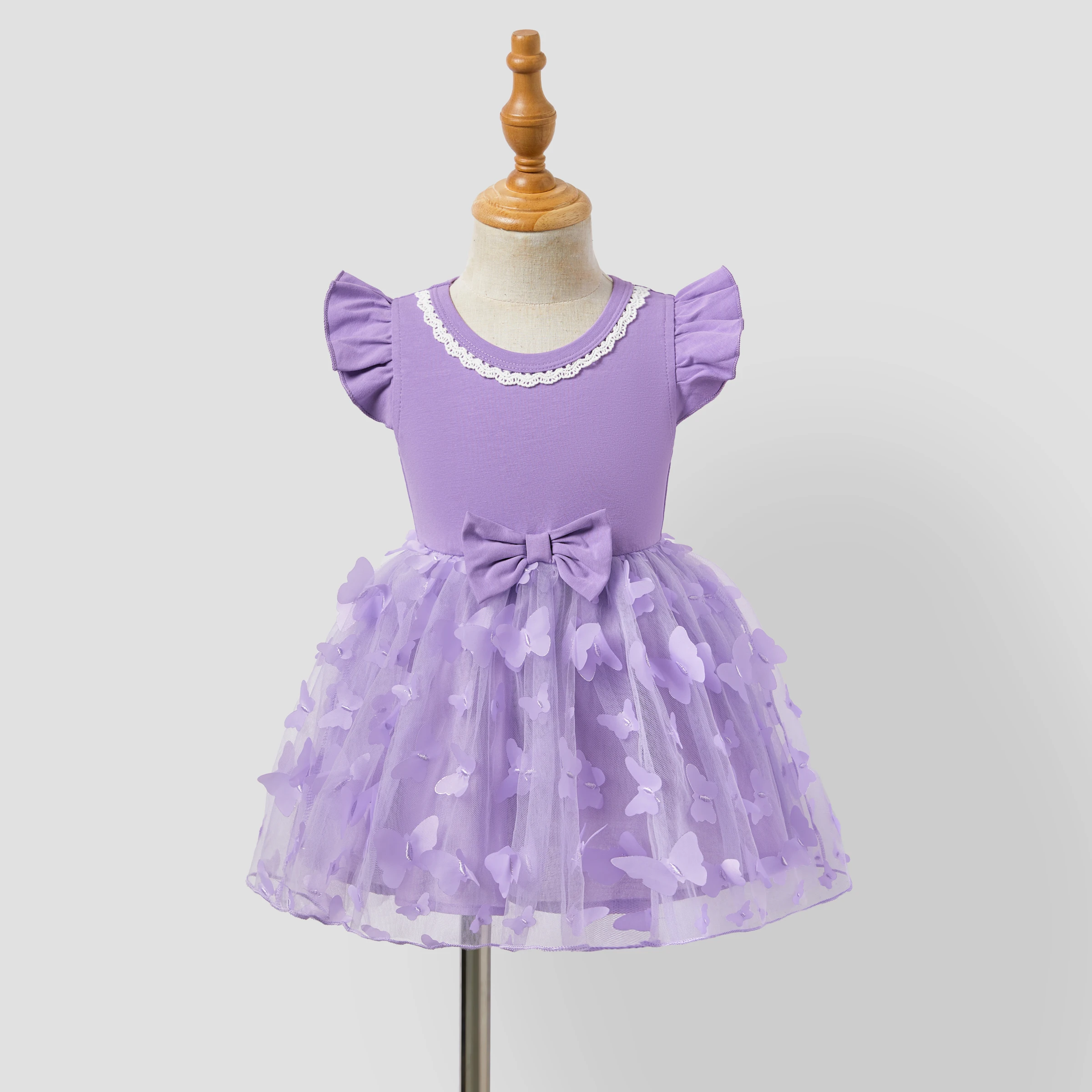 PatPat Family Matching Purple Colorblock T-shirt and Button Ruffle Sleeves Spliced Mesh Dress Sets