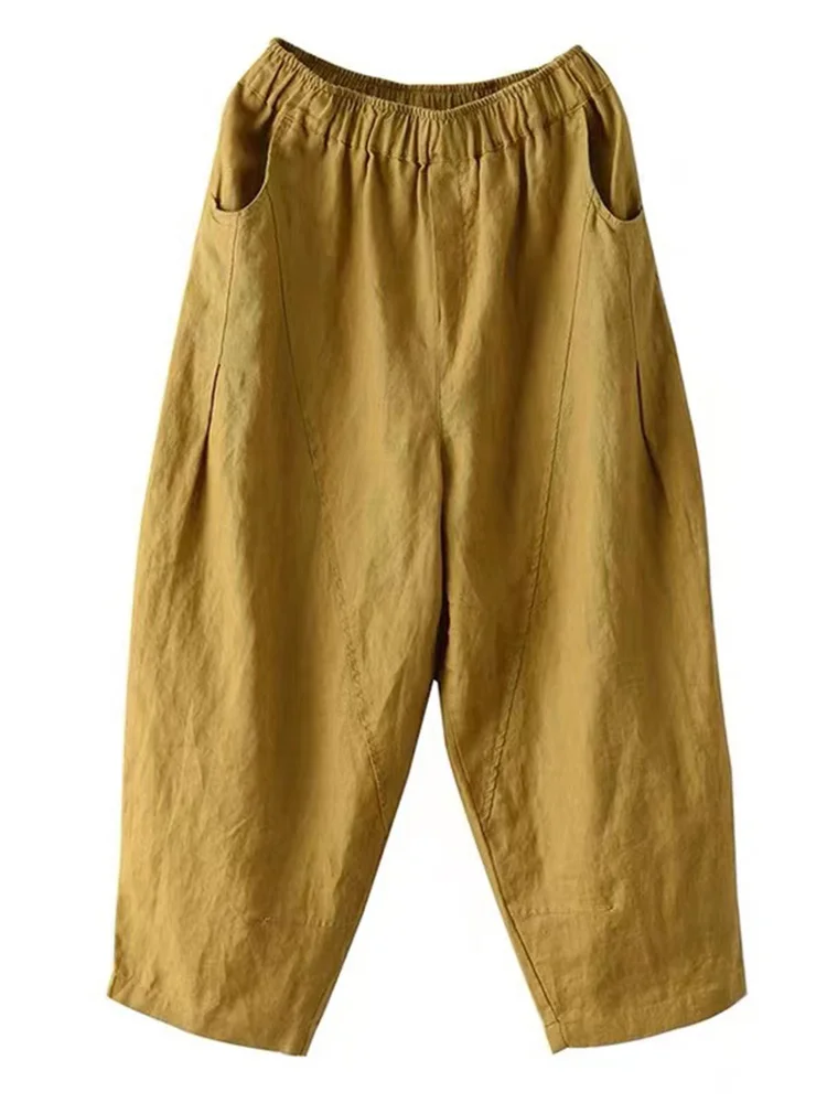 Pantaloni estivi da donna in lino di cotone sciolto Vita alta Harlan Sle Casual Loose Fit plus Size Pantaloni dimagranti a nove punti