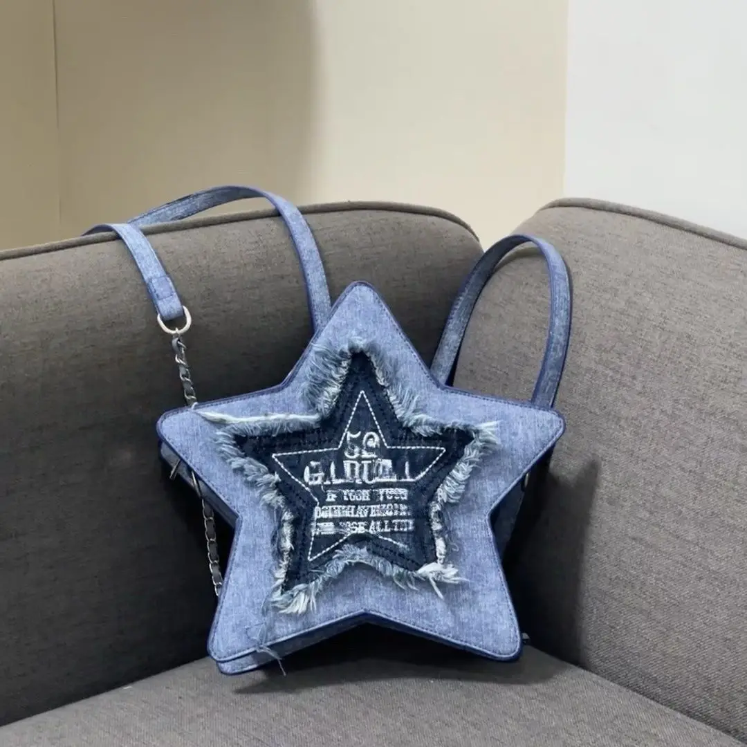 

Cowboy Blue Pentagram Shoulder Bag Embroidered Letter tassel Y2K Crossbody Bag