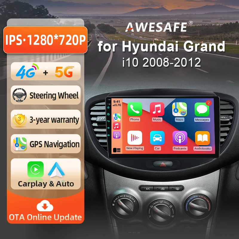 Autoradio Android AWESAFE 9 pouces pour Hyundai i10 2007-2013, CarPlay et Android Auto sans fil, navigation GPS, support multimédia, commande au volant, amplificateur de subwoofer, caméra arrière avec CAN-BUS, prise EU, Plug and Play, DAB+, autoradio numérique 2 DIN, stéréo RDS DSP
