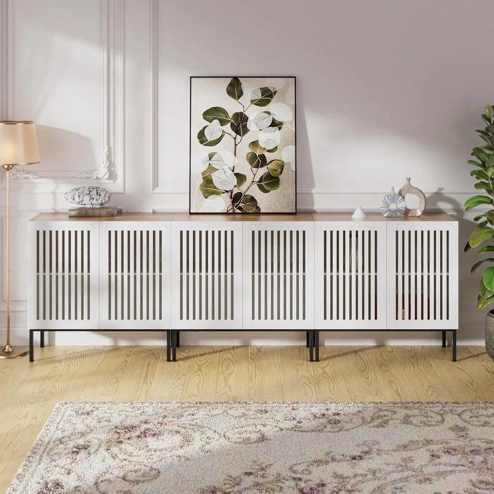 Supporto TV Farmhouse da 95", centro di intrattenimento con base in metallo e ripiani regolabili, console TV 3 in 1 con 6 ante, bianco antico