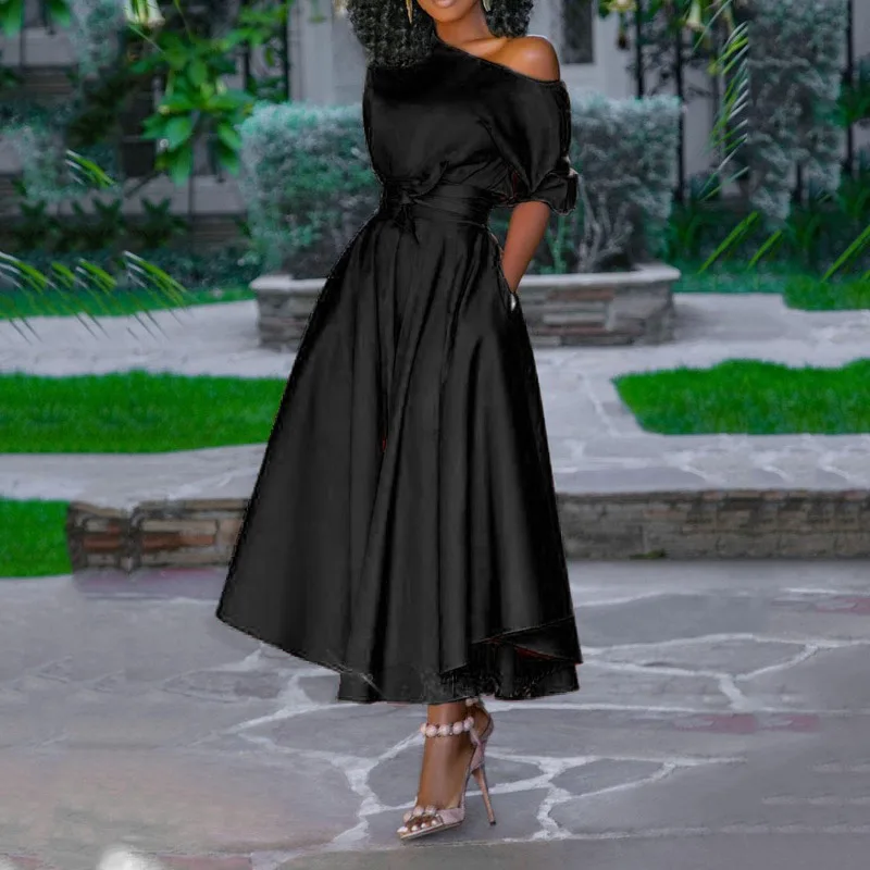 Vestido midi con un solo hombro y cintura cosida para mujer europea americana para uso diario, salidas informales, fiestas de fin de semana, reuniones nocturnas