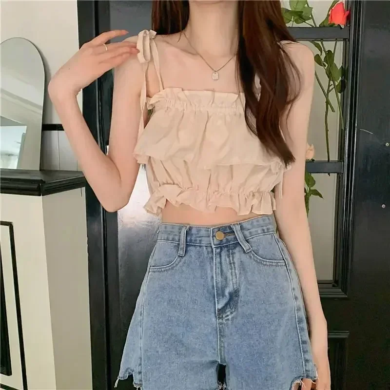 Women Summer Crop Camisoles 2024 Low-Cut Sling Plain Ruffle Ruched Short Tops Ladies Shoulder Straps Tie Slim Navel Vest