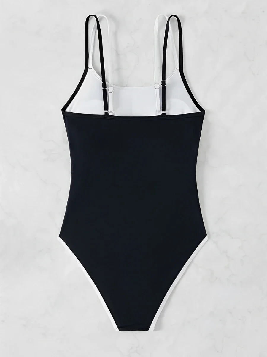 2025 Traje de baño sexy de tiras Traje de baño negro de una pieza Bañistas sólidos femeninos Traje de baño Traje de baño Ropa de playa