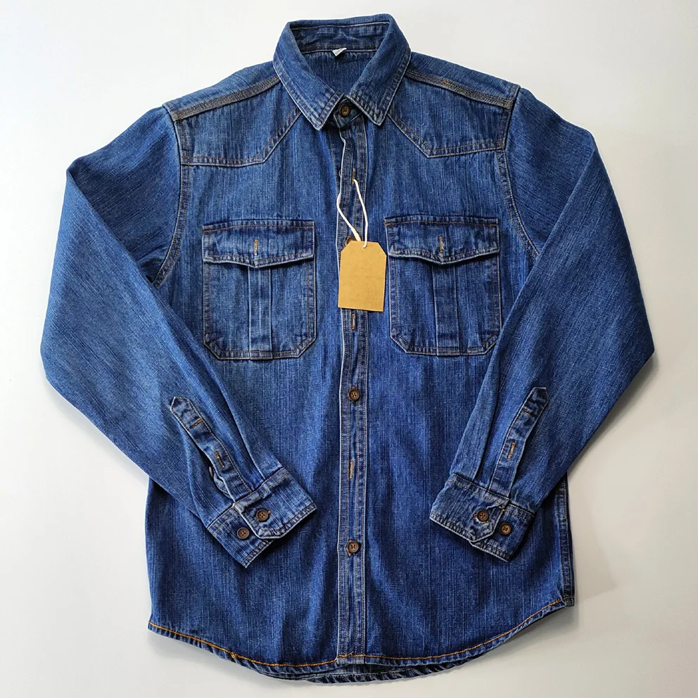 

Thickened Cotton Denim Shirt American Casual Workwear Spring Autumn Long Sleeve Retro Jacket Wear Resistant Pure Color Collar
