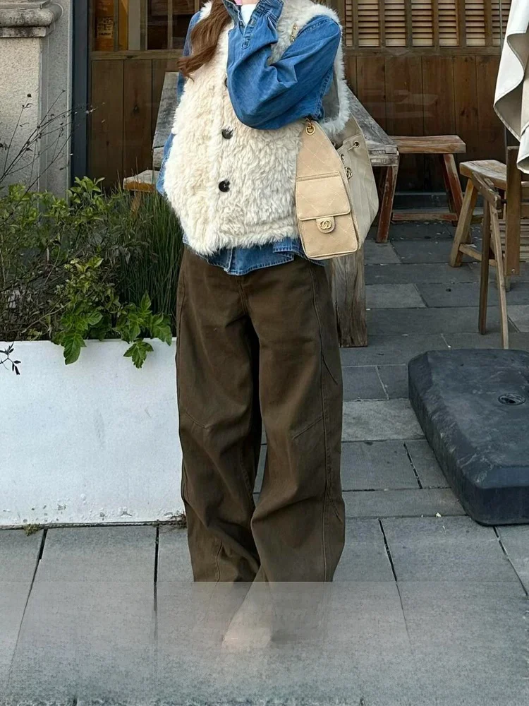 

Американские широкие коричневые джинсы с высокой талией, женские осенне-зимние новые узкие джинсы, свободные джинсы с завышенной талией